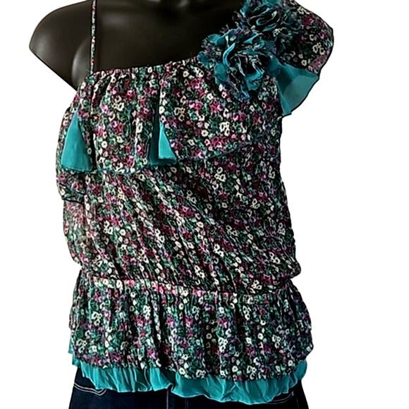 Excellent Lulumari Women’s Asymmetrical Ruffle Short Sleeve Blouse Size Large - Picture 2 of 11